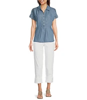 Democracy Lyocell Point Collar Ruched Short Sleeve Pleated Shirt