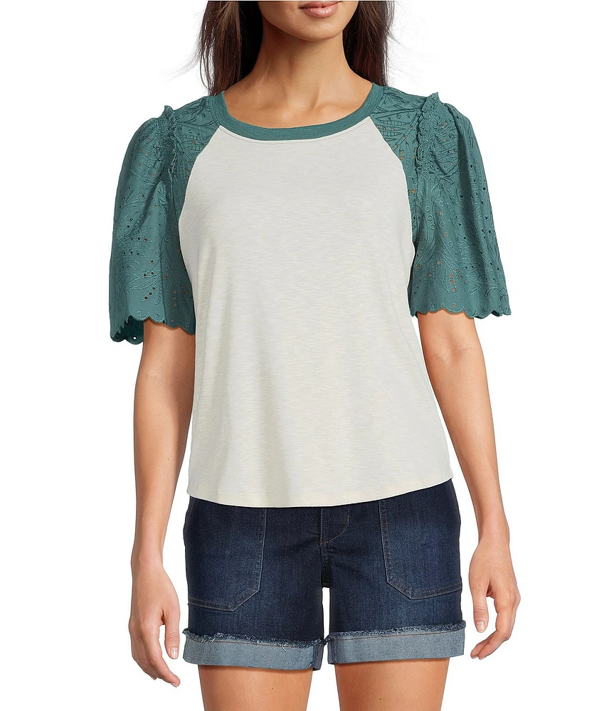 Democracy Mix-Media Scoop Neck Embroidered Elbow Puff Sleeve Top