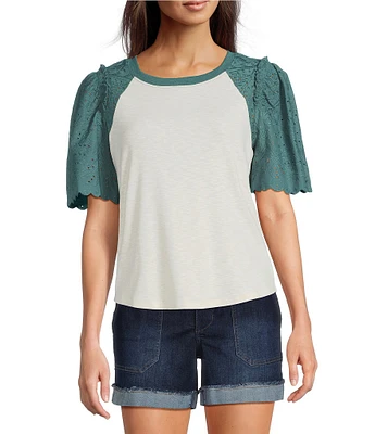 Democracy Mix-Media Scoop Neck Embroidered Elbow Puff Sleeve Top