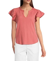 Democracy Mix-Media Split V-Neck Cap Sleeve Shirttail Hem Knit Top