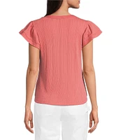 Democracy Mix-Media Split V-Neck Cap Sleeve Shirttail Hem Knit Top