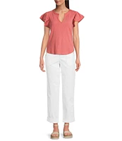 Democracy Mix-Media Split V-Neck Cap Sleeve Shirttail Hem Knit Top