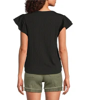 Democracy Mix-Media Split V-Neck Cap Sleeve Shirttail Hem Knit Top