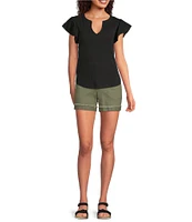 Democracy Mix-Media Split V-Neck Cap Sleeve Shirttail Hem Knit Top