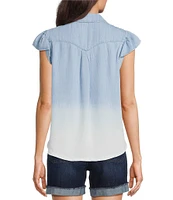 Democracy Ombre Collared V-Neck Flutter Cap Sleeve Button Front Shirt
