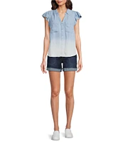 Democracy Ombre Collared V-Neck Flutter Cap Sleeve Button Front Shirt