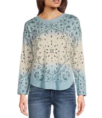 Democracy Ombre Placement Print Crew Neck Long Sleeve Knit Top