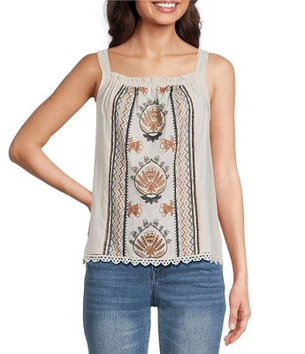 Democracy Paisley Embroidered Ruched Square Neck Sleeveless Tank