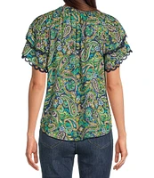 Democracy Paisley Print Smocked Split V-Neck Lace Trim Double Flounce Sleeve Top