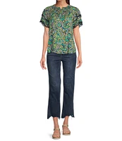 Democracy Paisley Print Smocked Split V-Neck Lace Trim Double Flounce Sleeve Top