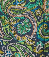 Democracy Paisley Print Smocked Split V-Neck Lace Trim Double Flounce Sleeve Top