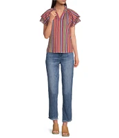 Democracy Petite Size #double;Ab#double;solution® High Rise Embroidered Straight Slim Leg Fray Hem Jeans