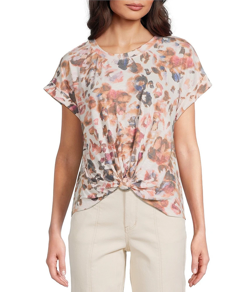 Democracy Petite Size Abstract Floral Crew Neck Short Sleeve Knot Hem Knit Top