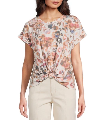 Democracy Petite Size Abstract Floral Crew Neck Short Sleeve Knot Hem Knit Top
