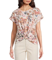 Democracy Petite Size Abstract Floral Crew Neck Short Sleeve Knot Hem Knit Top