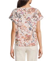 Democracy Petite Size Abstract Floral Crew Neck Short Sleeve Knot Hem Knit Top