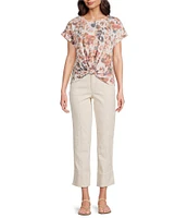 Democracy Petite Size Abstract Floral Crew Neck Short Sleeve Knot Hem Knit Top