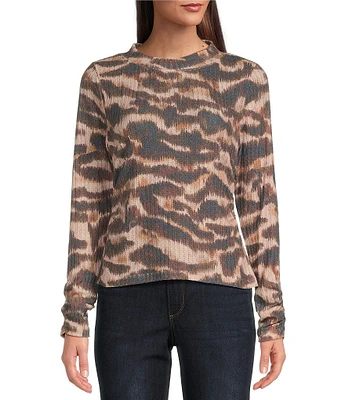 Democracy Petite Size Animal Print Crew Neck Ruched Long Sleeve Knit Top