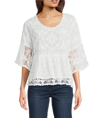 Democracy Petite Size Embriordered Double Layer Scoop Neck 3/4 Sleeve Peplum Top