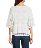 Democracy Petite Size Embriordered Double Layer Scoop Neck 3/4 Sleeve Peplum Top