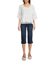 Democracy Petite Size Embriordered Double Layer Scoop Neck 3/4 Sleeve Peplum Top