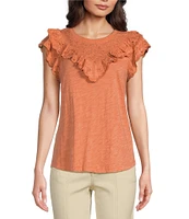 Democracy Petite Size Embroidered Eyelet Yoke Ruffle Trim Detail Crew Neck Short Flutter Sleeve Top