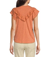 Democracy Petite Size Embroidered Eyelet Yoke Ruffle Trim Detail Crew Neck Short Flutter Sleeve Top