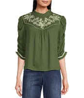 Democracy Petite Size Embroidered Yoke Woven Round Neck Elbow Sleeve Ruffle Trim Top