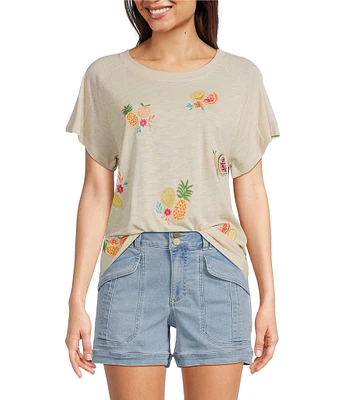 Democracy Petite Size Embroidered Fruit Crew Neck Short Sleeve Boy Tee Top