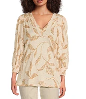 Democracy Petite Size Knit Tropical Palm Print Shell Tuck Embroidered V-Neck Smocked Detail 3/4 Sleeve Top