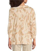 Democracy Petite Size Knit Tropical Palm Print Shell Tuck Embroidered V-Neck Smocked Detail 3/4 Sleeve Top