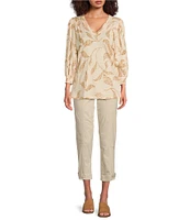 Democracy Petite Size Knit Tropical Palm Print Shell Tuck Embroidered V-Neck Smocked Detail 3/4 Sleeve Top