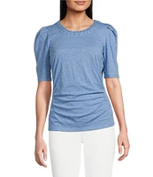 Democracy Petite Size Knit Soutache Embroidered Scoop Neck Elbow Sleeve Side Ruched Top