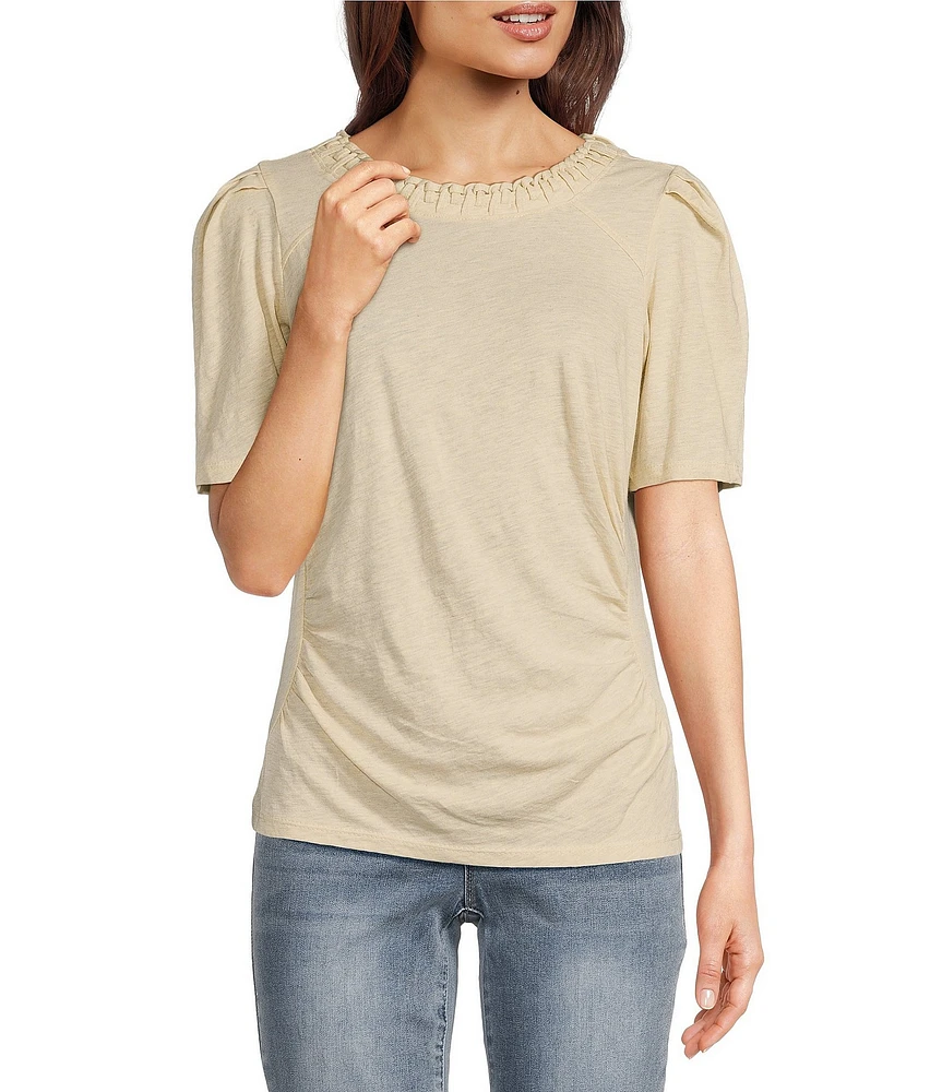 Democracy Petite Size Knit Soutache Embroidered Scoop Neck Elbow Sleeve Side Ruched Top