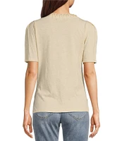 Democracy Petite Size Knit Soutache Embroidered Scoop Neck Elbow Sleeve Side Ruched Top
