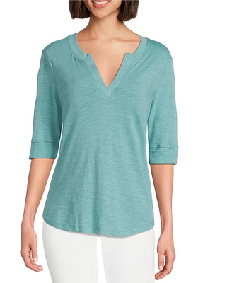 Democracy Petite Size Knit Split V-Neck Roll Cuff Elbow Sleeve Shirttail Hem Top