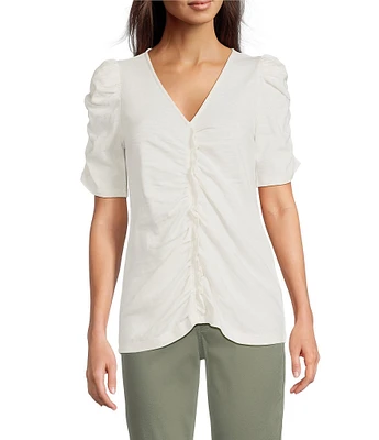 Democracy Petite Size Knit V-Neck Shirred Puff Elbow Sleeve Top