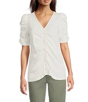 Democracy Petite Size Knit V-Neck Shirred Puff Elbow Sleeve Top