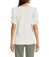 Democracy Petite Size Knit V-Neck Shirred Puff Elbow Sleeve Top