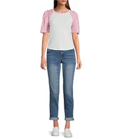 Democracy Petite Size Mix-Media Scoop Neck Embroidered Elbow Puff Sleeve Top