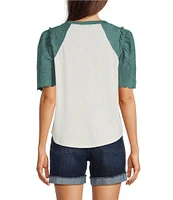Democracy Petite Size Mix-Media Scoop Neck Embroidered Elbow Puff Sleeve Top