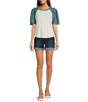 Democracy Petite Size Mix-Media Scoop Neck Embroidered Elbow Puff Sleeve Top