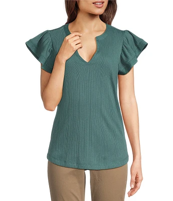 Democracy Petite Size Mix-Media Split V-Neck Cap Sleeve Shirttail Hem Knit Top