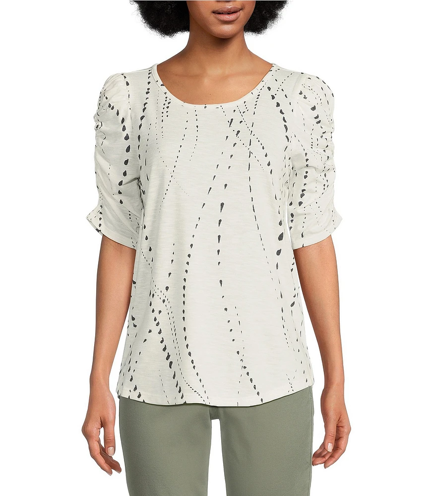 Democracy Petite Size Printed Crew Neck Ruched Puff Elbow Sleeve Knit Top