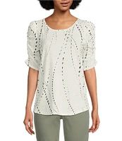 Democracy Petite Size Printed Crew Neck Ruched Puff Elbow Sleeve Knit Top