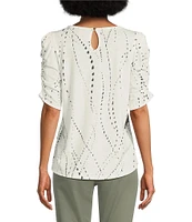 Democracy Petite Size Printed Crew Neck Ruched Puff Elbow Sleeve Knit Top