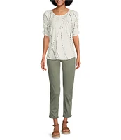 Democracy Petite Size Printed Crew Neck Ruched Puff Elbow Sleeve Knit Top