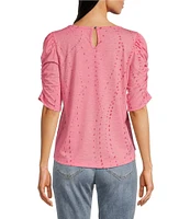 Democracy Petite Size Printed Crew Neck Ruched Puff Elbow Sleeve Knit Top