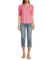Democracy Petite Size Printed Crew Neck Ruched Puff Elbow Sleeve Knit Top