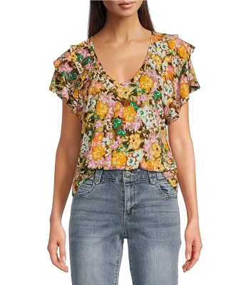 Democracy Petite Size Slub Jersey Knit Floral V-Neck Tiered Short Sleeve Top